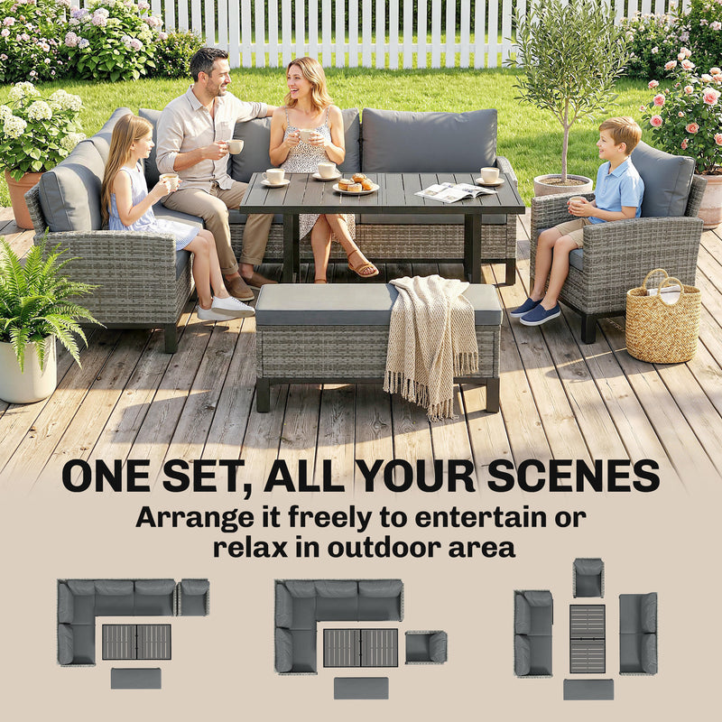 Outsunny 9 Seater Rattan Garden Furniture Corner Sofa Set, Outdoor Dining Set with Faux Wood Table, Ottoman, Cushions – view 8