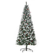 6ft slim green pencil Christmas tree with snow flecks, red berries and pine cones