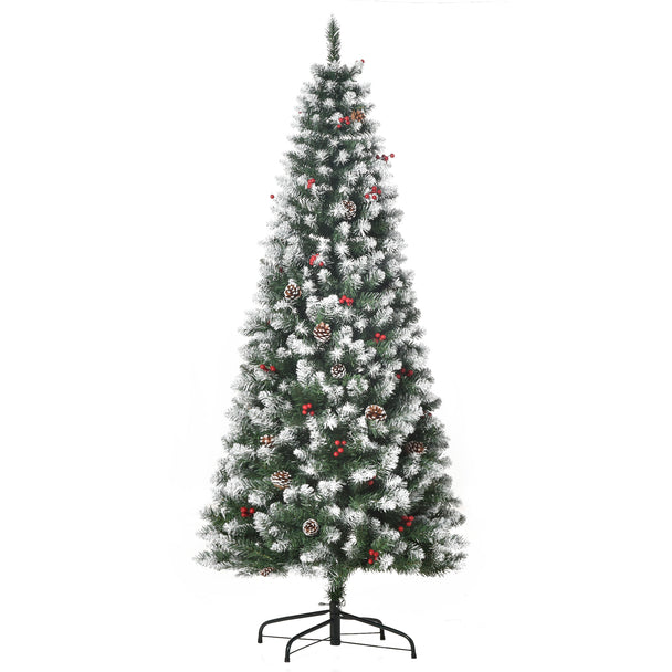 6ft slim green pencil Christmas tree with snow flecks, red berries and pine cones