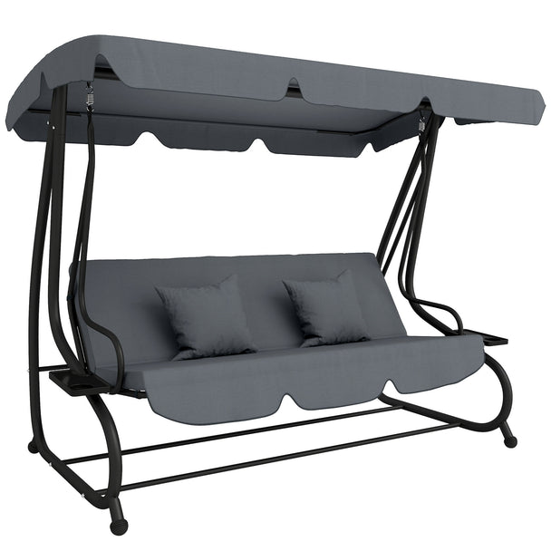 Dark grey 3-seater garden swing bed with adjustable canopy, cup holders and pillows