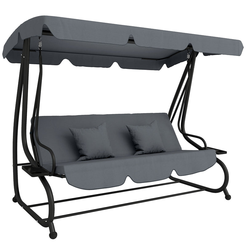 Dark grey 3-seater garden swing bed with adjustable canopy, cup holders and pillows
