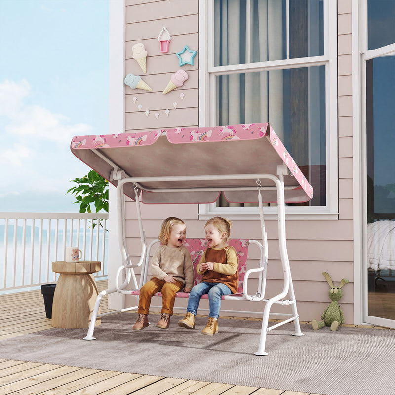 AIYAPLAY Kids Porch Swing, 2-Seater Patio Swing Bench Hammock with Seat Belts, Adjustable Canopy for Garden, Pink – view 3