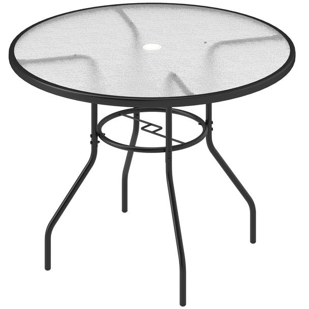 Black Ø100 cm round garden dining table with textured tempered glass top and parasol hole