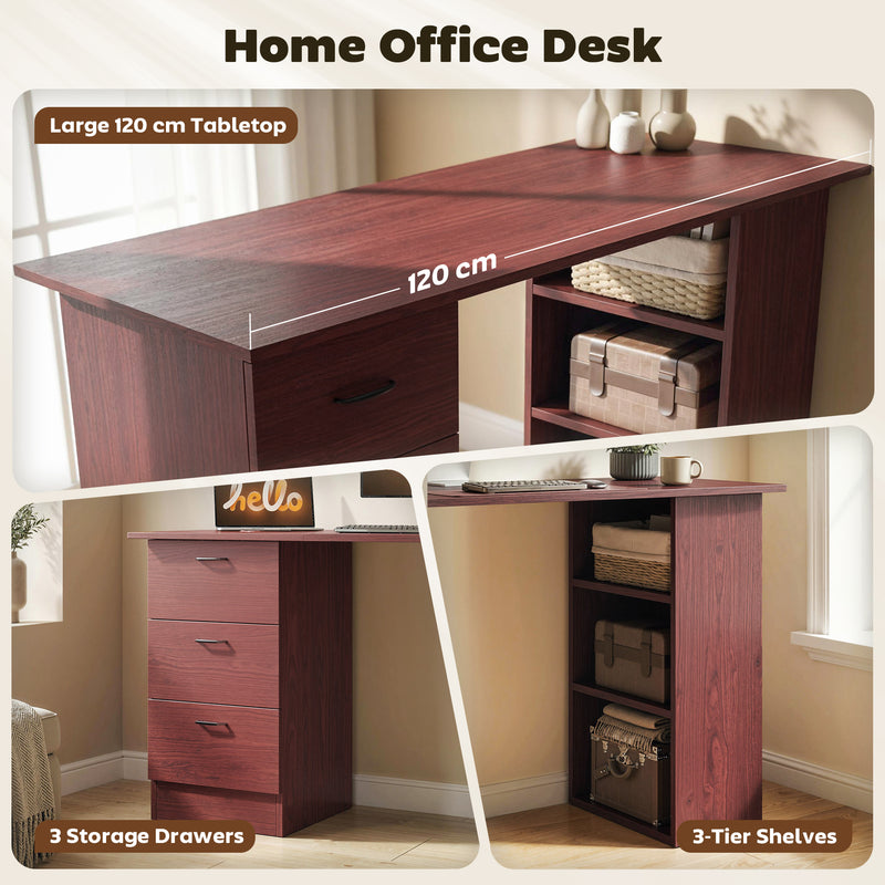HOMCOM Computer Desk, Writing Table, PC Workstation with 3 Storage Shelves and Drawers, Handle, for Home Office, Walnut – view 4