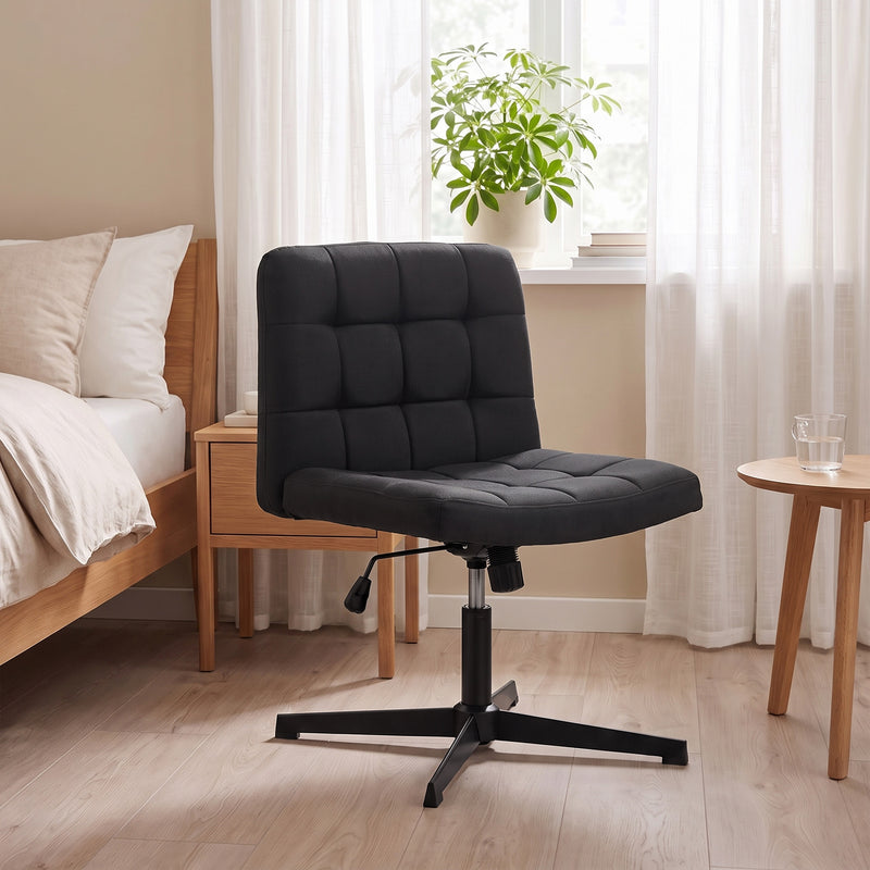 HOMCOM Armless Office Chair, Cross Legged Linen Computer Desk Vanity Chair with Wide Seat, Rocking Function, Black – view 8