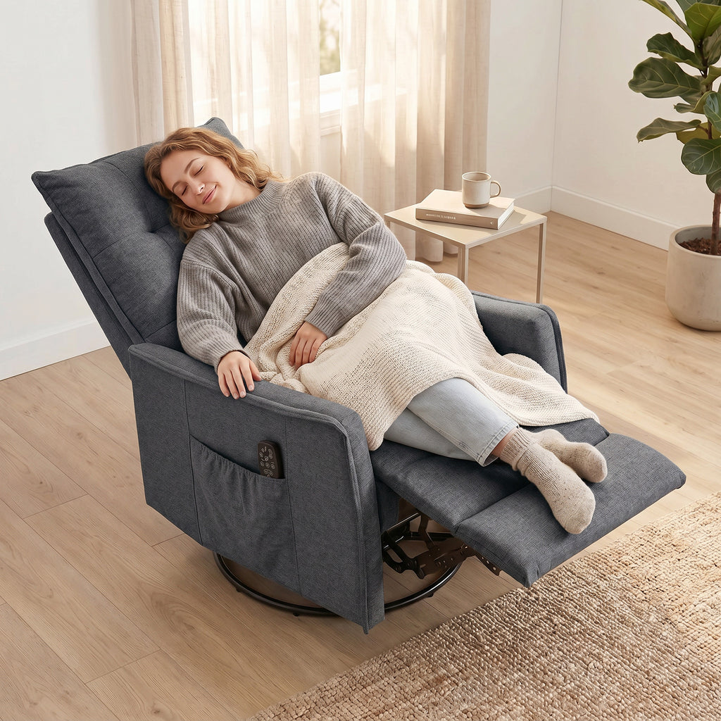Recliner Armchair, Chenille Recliner Chair with Massage and Heat, 360Â° Swivel Rocking Manual Recliner, Dark Grey