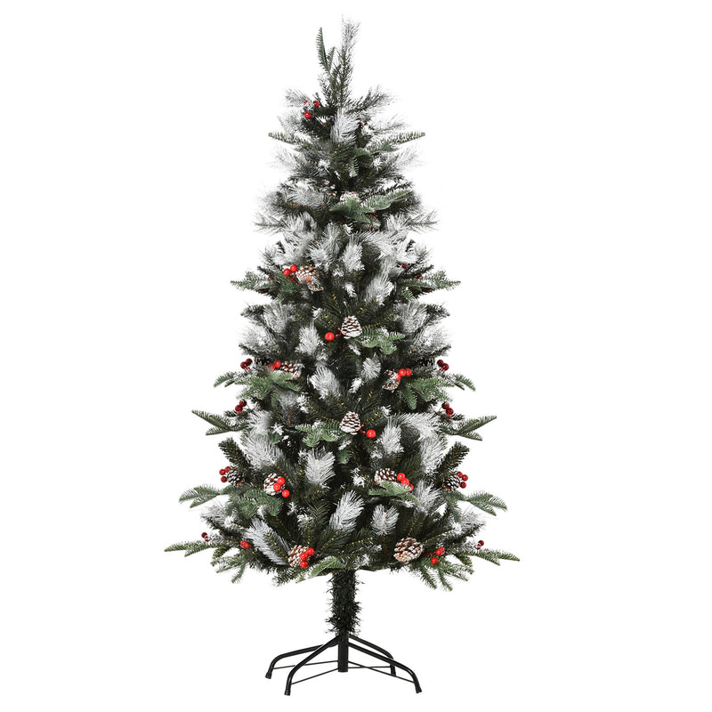 5ft snow-dipped green Christmas tree with red berries and white pine cones