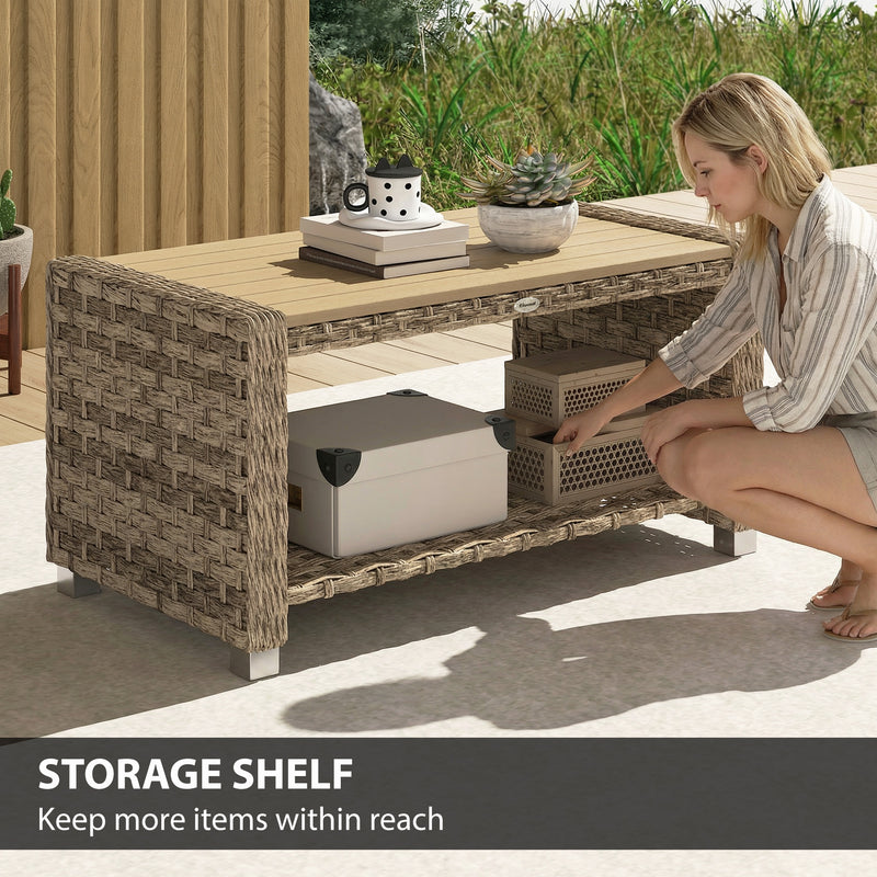 PE rattan coffee table with shelf light brown – image 5
