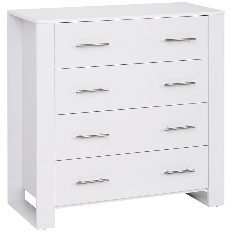 White wide 4-drawer chest with metal handles on a raised base