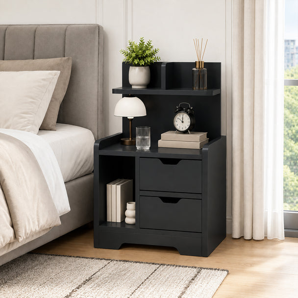 HOMCOM Bedside Table, Small Bedside Cabinet with 2 Drawers and Storage Shelves for Bedroom, Black Wood Effect – view 2