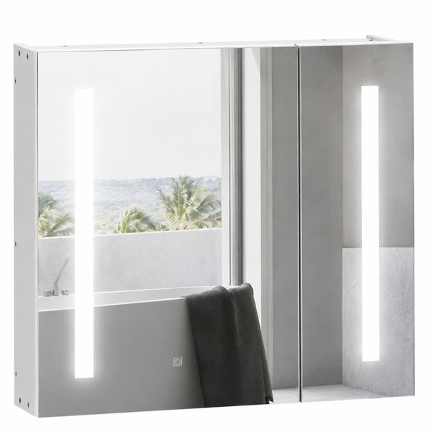 White LED illuminated bathroom mirror cabinet with lit mirrored doors