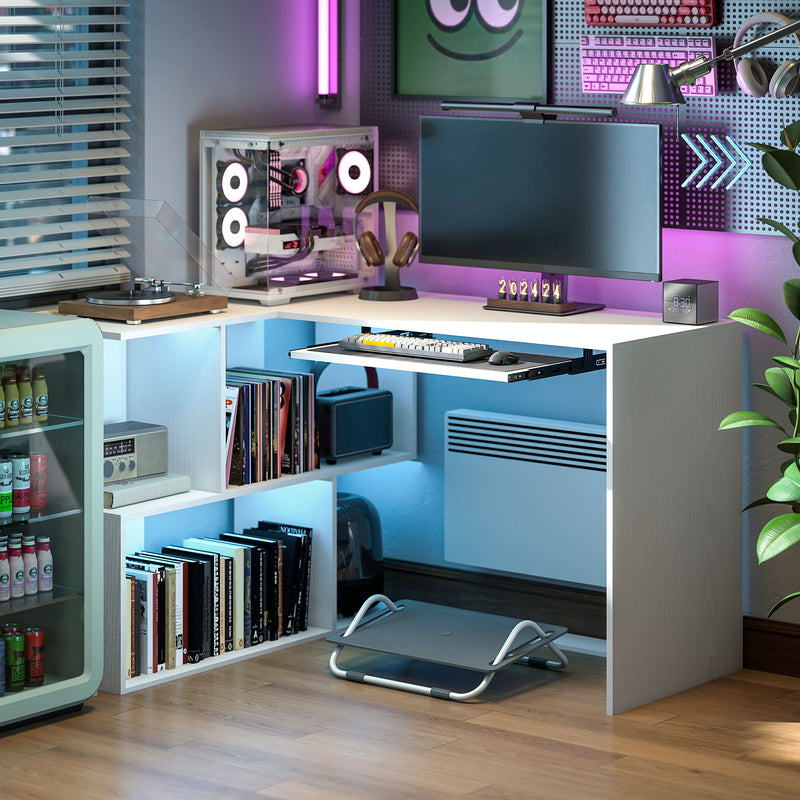 HOMCOM L-Shaped Corner Desk, Computer Desk with Keyboard Tray and Open Shelves, White Wood Effect – view 9