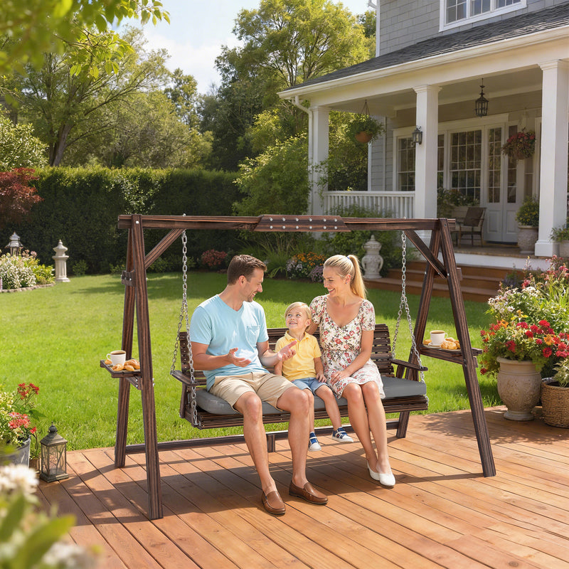 Outsunny 3 Seater Garden Swing Seat, Wooden Swing Chair Bench with Cushion, Side Trays and Metal Chains, for Outdoor – view 2