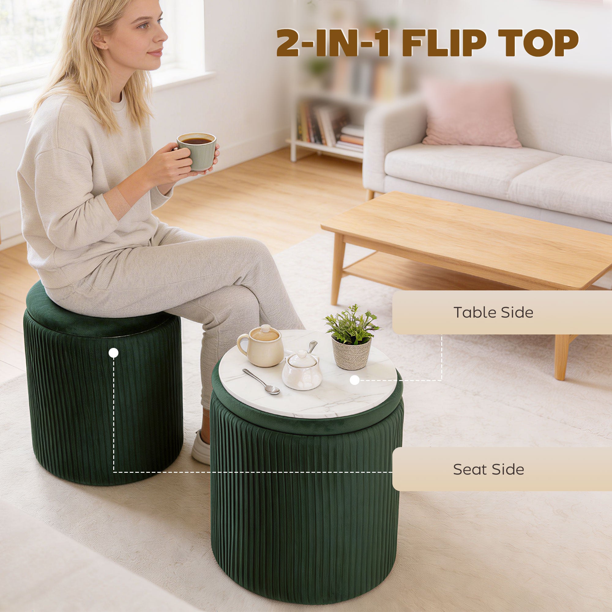 Storage Ottoman Modern Velvet Round Foot Stool for Living Room Bedroom 45 cm Dark Green