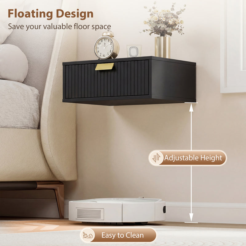 HOMCOM Modern Floating Nightstands Set of 2, Wall Mounted Bedside Tables with Wave Drawer Black – view 4