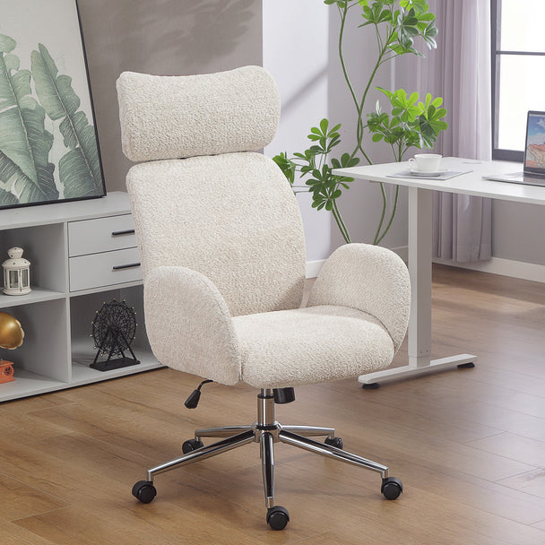 HOMCOM Office Chair with Adjustable Headrest, Spring Pack, Curved Line, Boucle Fabric - Pale Grey – view 2