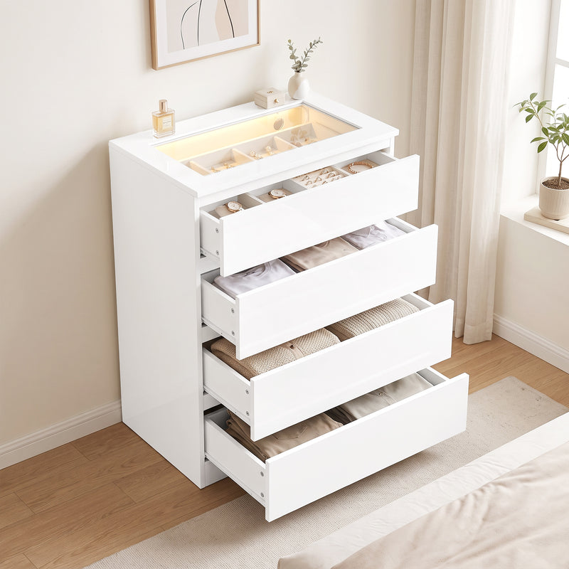 HOMCOM High Gloss 4 Drawer Chest of Drawers with Glass Top and RGB LED Lights, Dresser with Jewelry Organizer, APP – view 8