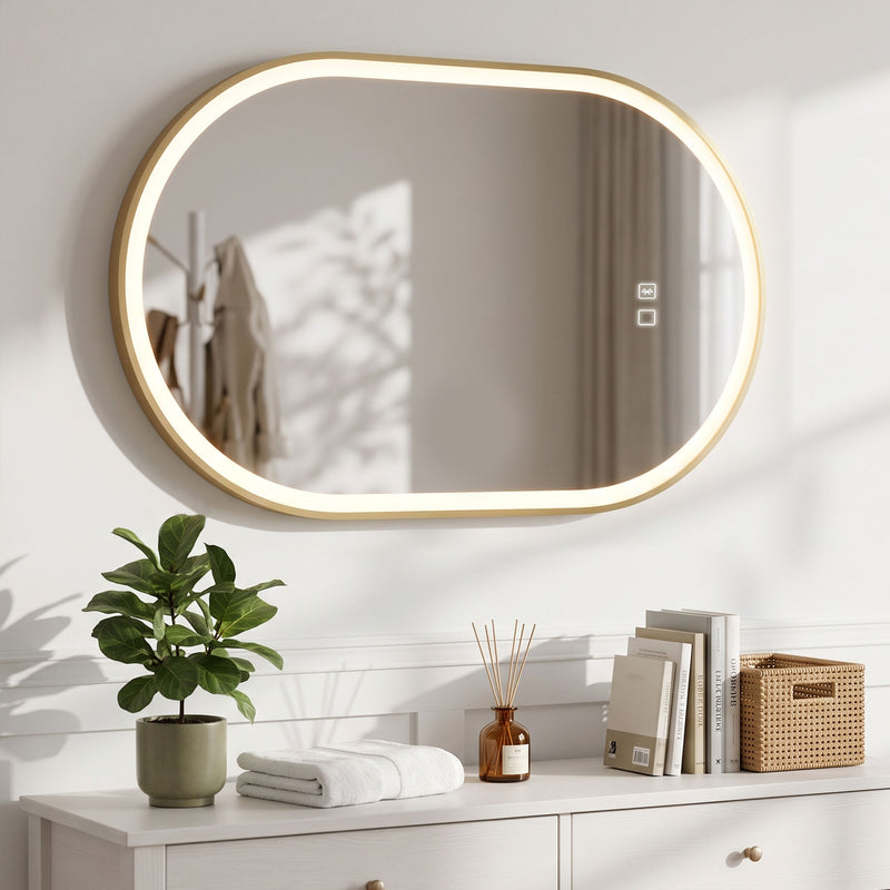 HOMCOM Bathroom Mirror with LED Lights, 100x70cm Oval Bathroom Mirror, Dimmable, Bluetooth, Anti-Fog, Gold Tone – view 9