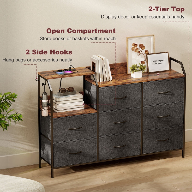 HOMCOM Chest of Eight Drawers, with Charging Station - Brown/Black – view 6
