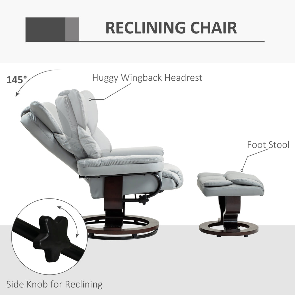 HOMCOM 360° Swivel Recliner Chair with Footstool, PU Leather Manual Recliner Armchair with Footstool, Solid Wood Base, Upholstered Reclining Chair for Living Room, Bedroom, Office, Light Grey