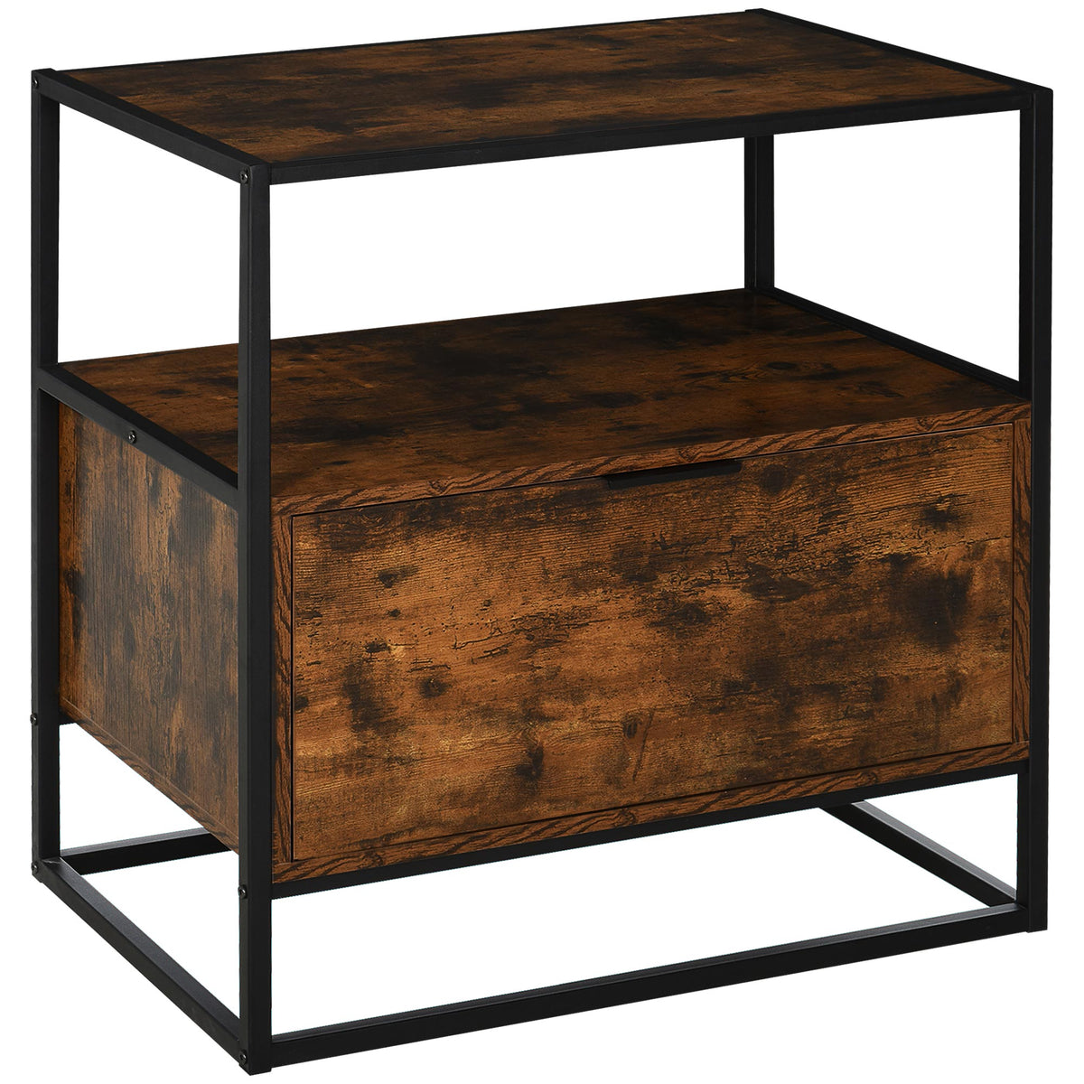 Industrial Side Table with Drawer & Open Shelf – Rustic Brown