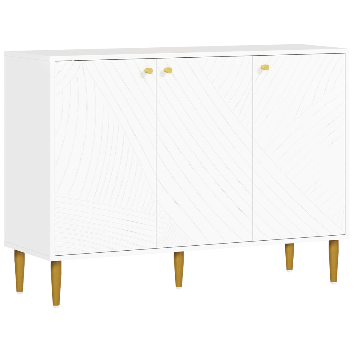 White sideboard with two cupboards, indented doors and gold-tone accents