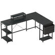 Black reversible L-shaped desk with monitor stand, side shelves and fabric storage bag
