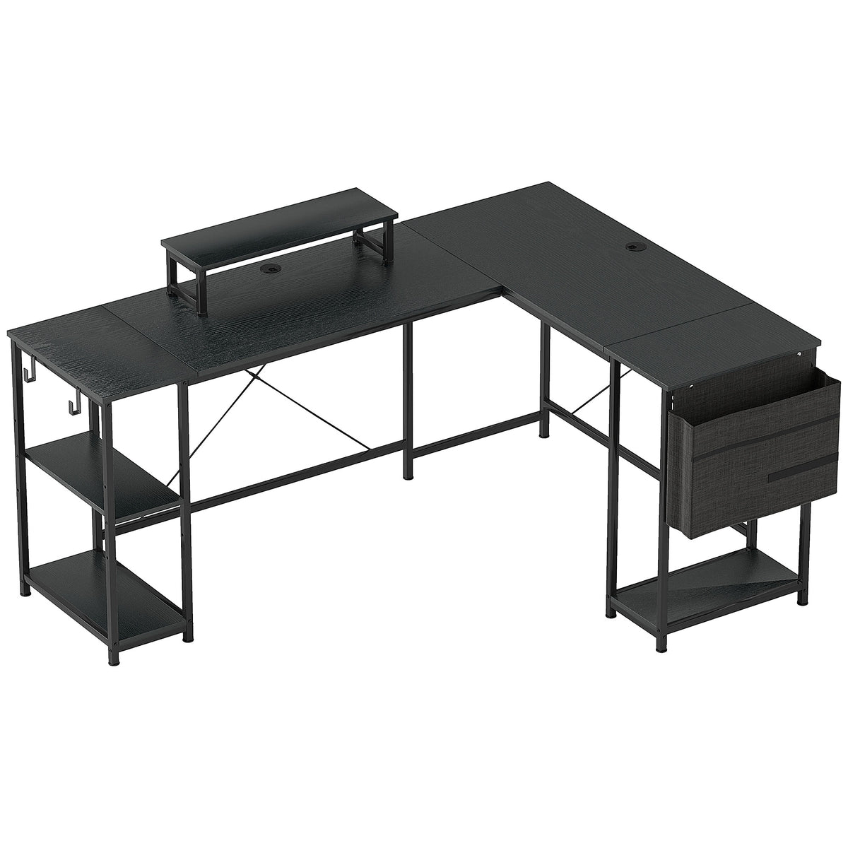 Black reversible L-shaped desk with monitor stand, side shelves and fabric storage bag