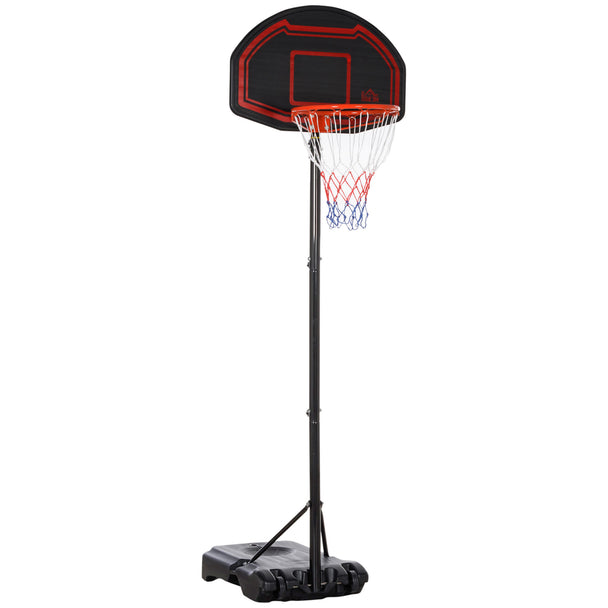 Black portable basketball hoop and stand with 2.1–2.6 m adjustable height and wheels