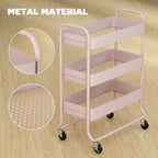 HOMCOM 3-Tier Storage Trolley on Wheels with Mesh Baskets - Light Pink