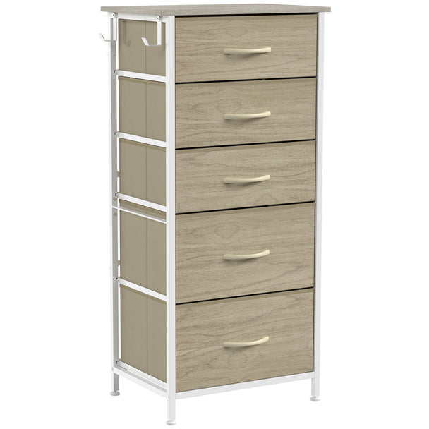 HOMCOM Chest of Drawers, Dresser with 5 Fabric Drawers, Tall Storage Unit with 4 Pockets and 2 Hooks Steel Frame