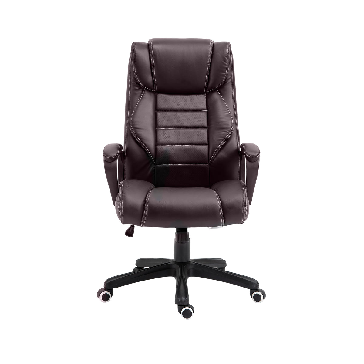 Brown PU leather massage office chair with padded armrests, high back and five-wheel base