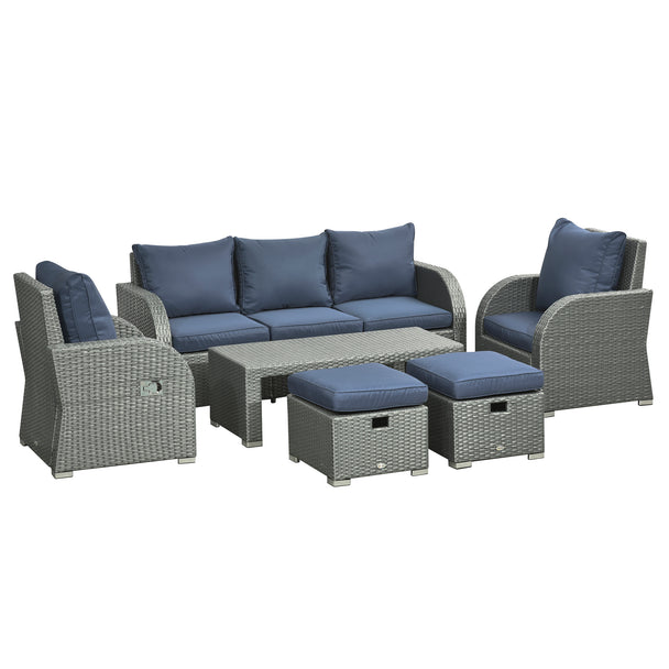 6-piece rattan sofa set with blue cushions, reclining armchairs, footstools and coffee table
