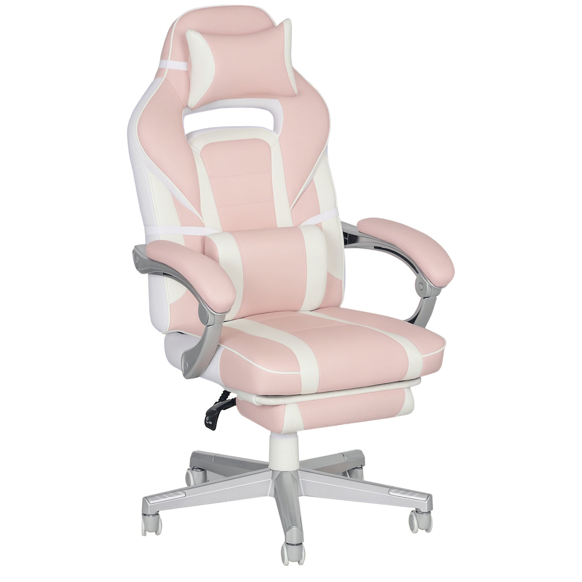 Pink and white faux leather reclining gaming chair with footrest, headrest and lumbar pillows
