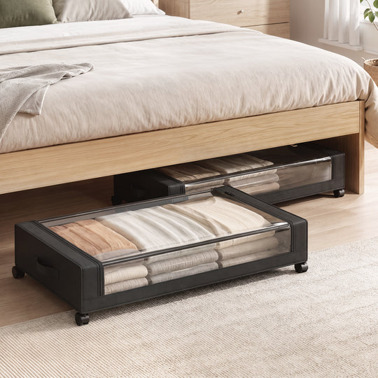 HOMCOM 40L Under Bed Storage On Wheels Pack of 2, Fabric Rolling Under Bed Drawers with Clear Lid, Zip, Steel Frame – view 2