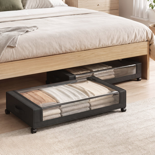 HOMCOM 40L Under Bed Storage On Wheels Pack of 2, Fabric Rolling Under Bed Drawers with Clear Lid, Zip, Steel Frame – view 2