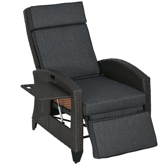 Brown reclining rattan garden chair with dark grey cushions, footrest and side tray