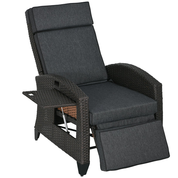 Brown reclining rattan garden chair with dark grey cushions, footrest and side tray