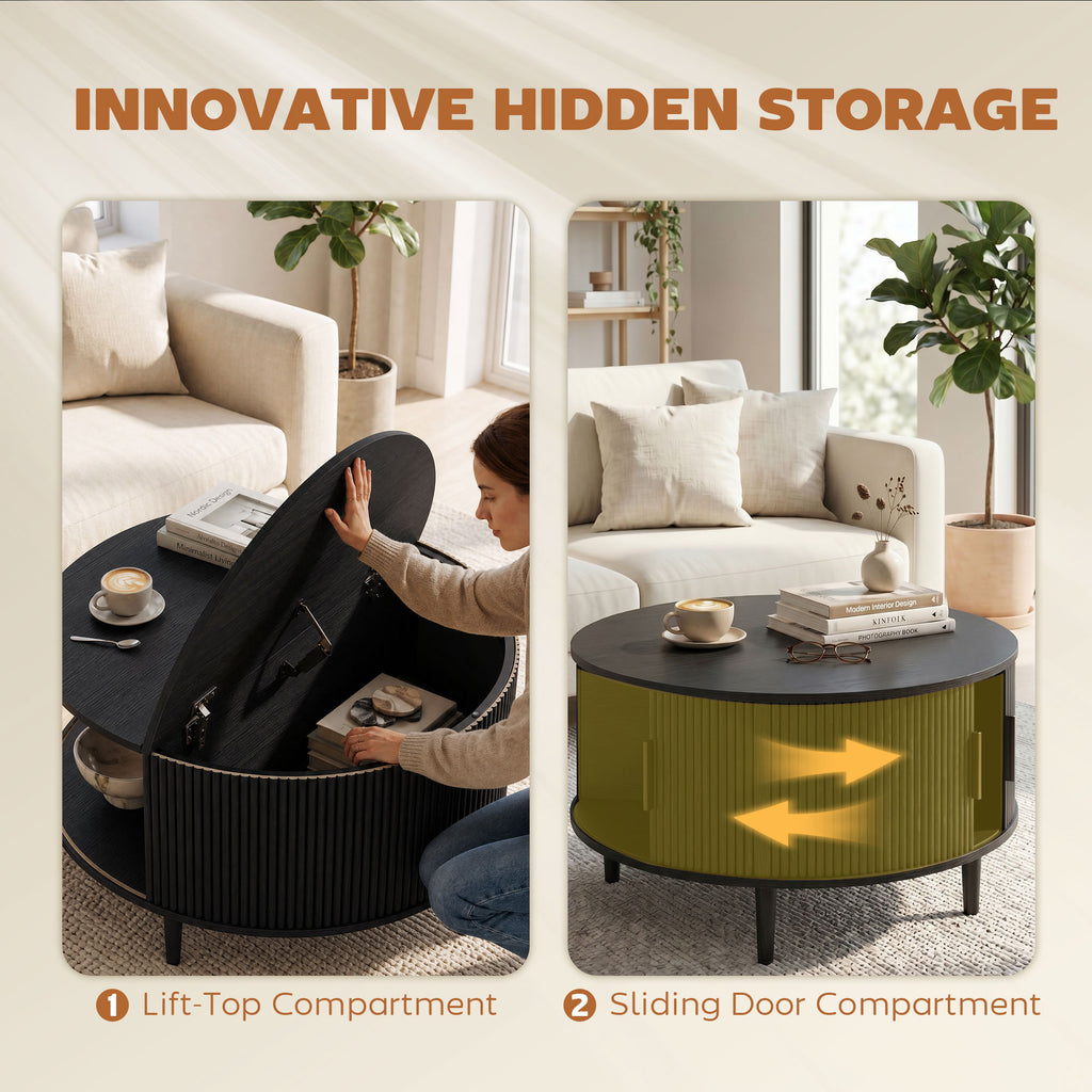 Coffee Table with Lift Top and Hidden Storage, Round Centre Table with Fluted Sliding Door, 80 cm, Black Wood Effect