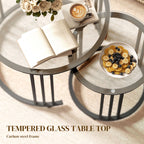 Round Coffee Tables Set of 2, Nesting Tables with Tempered Glass Top and Steel Frame, Black