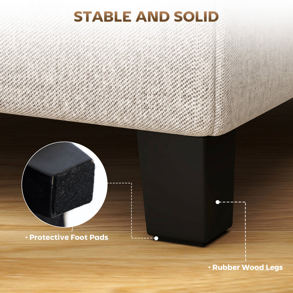 Small Ottoman, Square Footstool with Side Pocket, Rubber Wood Legs and Padded Seat for Living Room, Beige