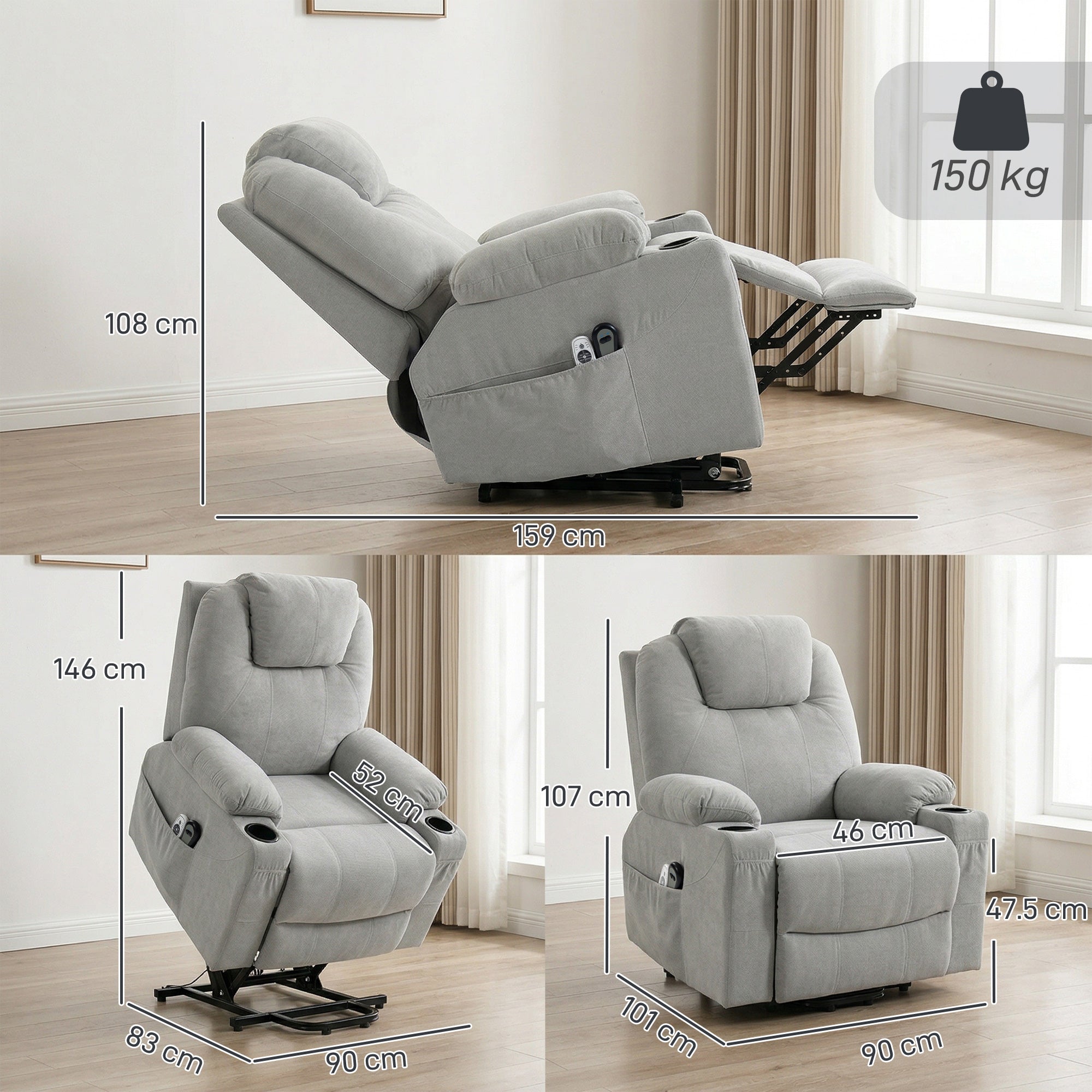 Power Lift Recliner Chair with Pocket Spring, Electric Lift Chair with Wide Backrest, Light Grey