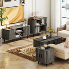 Coffee Table with Storage, Living Room Table with Slatted Tambour Sliding Doors and Adjustable Foot Pads, Rectangular Coffee Table with Elevated Base for Living Room, Grey Wood-Effect