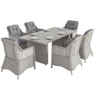 Mixed grey 7-piece aluminium rattan dining set with 200 cm glass-top table and six cushioned chairs