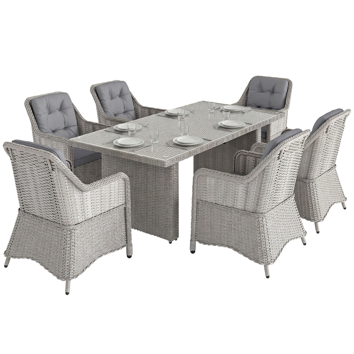 Mixed grey 7-piece aluminium rattan dining set with 200 cm glass-top table and six cushioned chairs