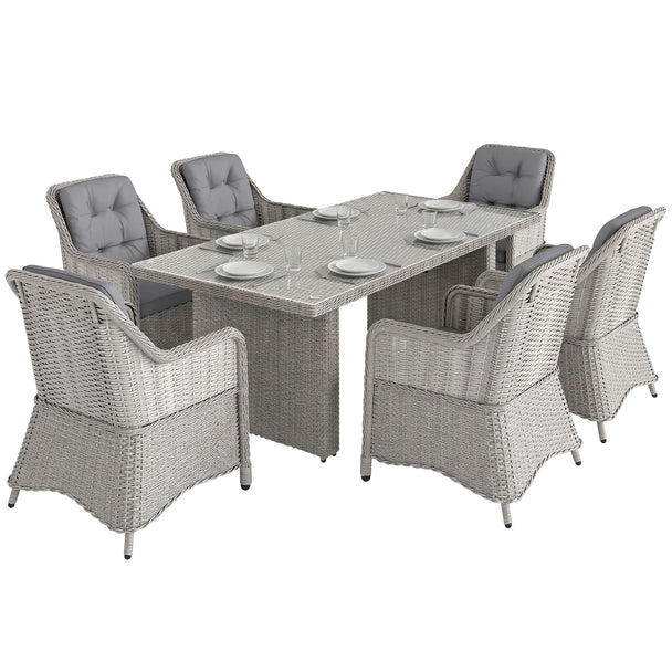 Mixed grey 7-piece aluminium rattan dining set with 200 cm glass-top table and six cushioned chairs