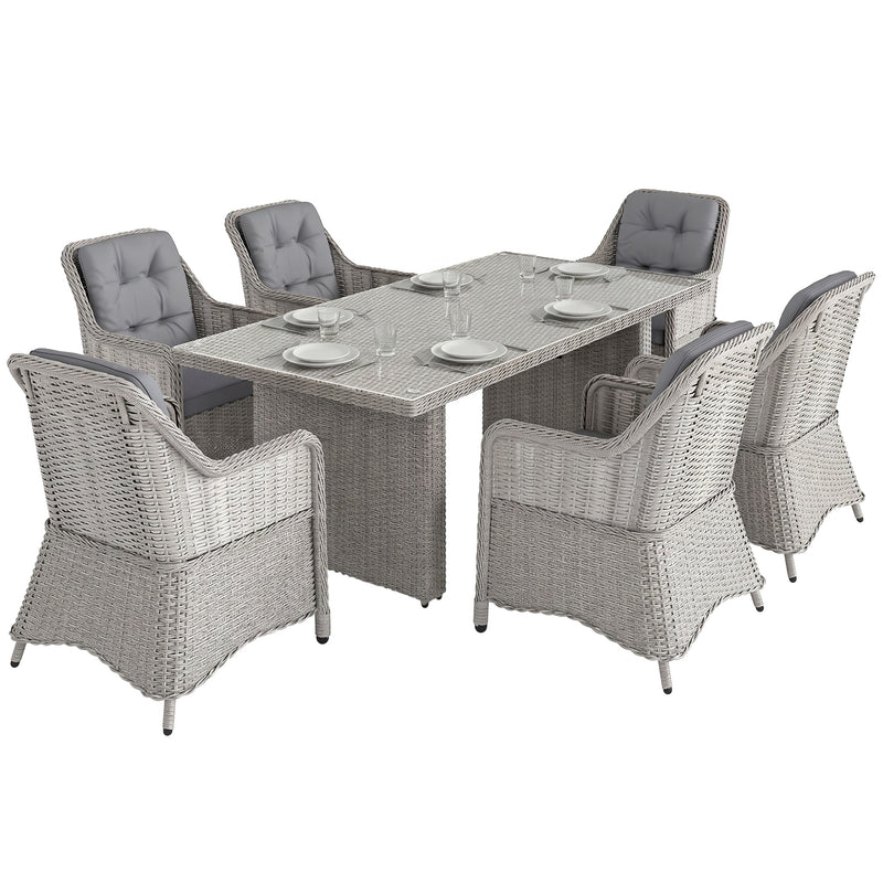 Mixed grey 7-piece aluminium rattan dining set with 200 cm glass-top table and six cushioned chairs