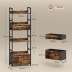 Industrial Style Bookcase, with 4 Shelves and 3 Fabric Drawers - Brown/Black