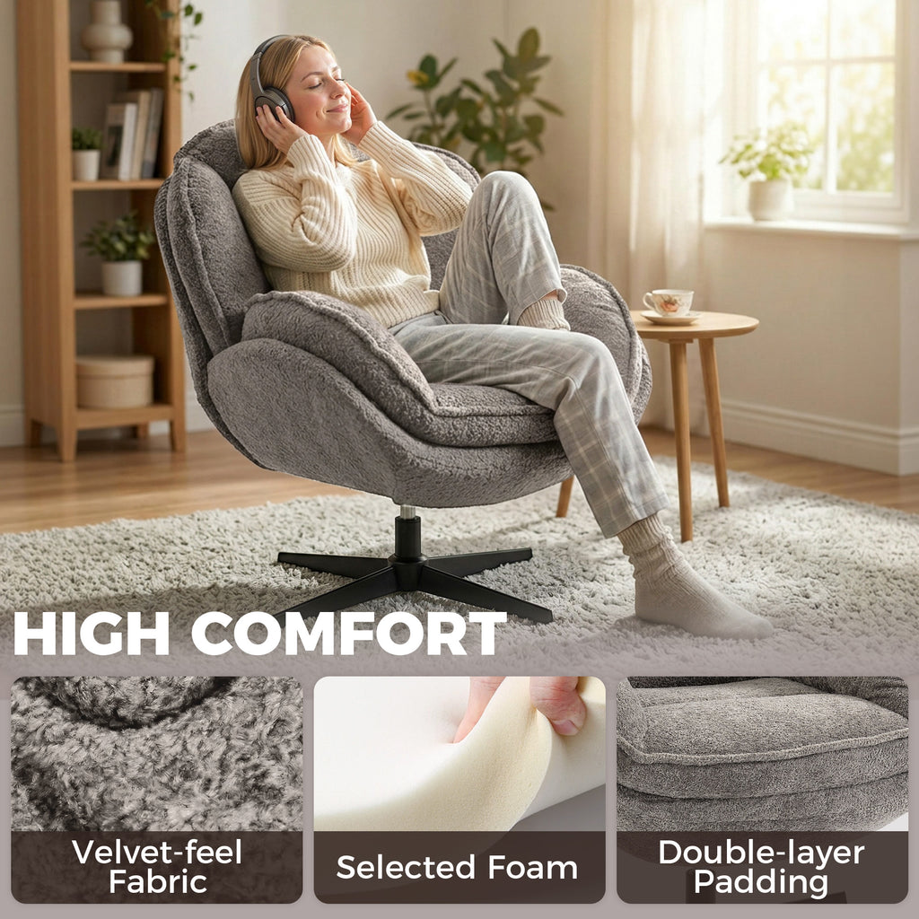 Modern Wingback Accent Chair, Velvet Armchair with Four-Star Base, S-Springs, Swivel, Grey