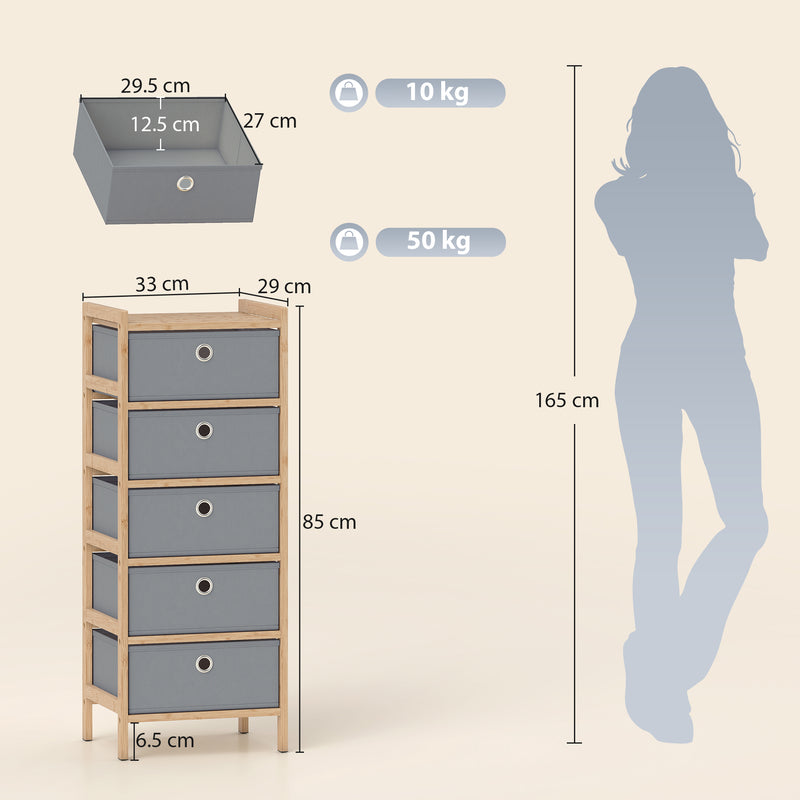HOMCOM Chest of Drawers, 5 Fabric Drawers Narrow Dresser with Bamboo Frame, Light Grey – view 3